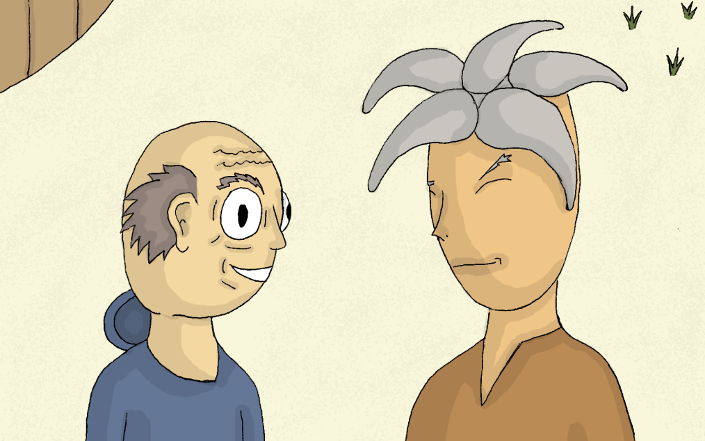 Onalyan Post Mortem - Une cinématique du jeu montrant le héros parlant à un homme fou