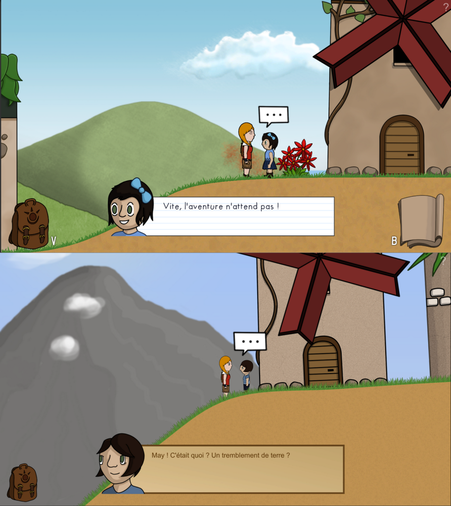 Comparaison de 2 screenshots à 3 ans d'écart, montrant tous les deux May parlant à la petite fille au village