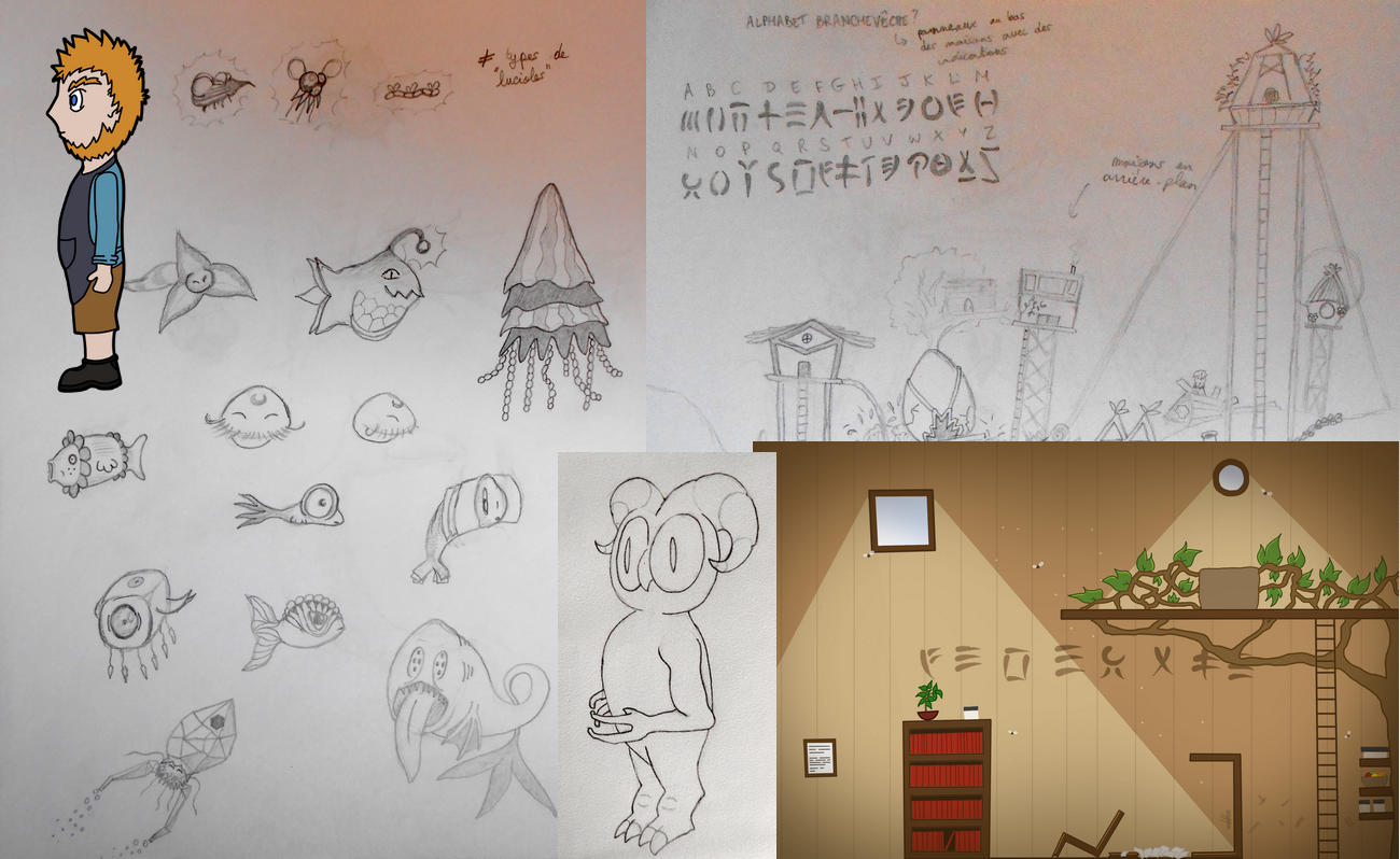 Patchwork de dessins d'idées abandonnées, notamment le personnage du Sage et sa maison, le village des Branchevêches et de nombreuses créatures aquatiques