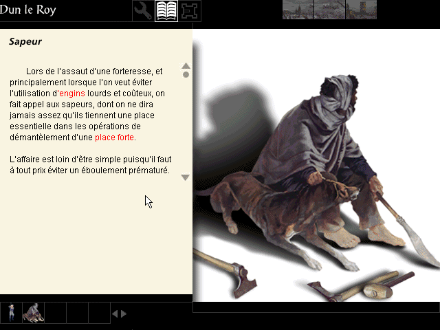 Screenshot du jeu Croisades, montrant le système d'encyclopédie interne, sur la page concernant les sapeurs