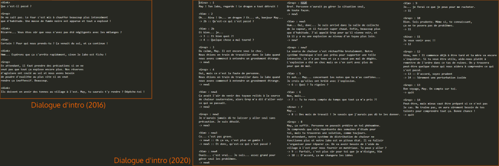 Image montrant l'ancien et le nouveau dialogue amélioré. Le nouveau est bien plus long et possède plus d'embranchements