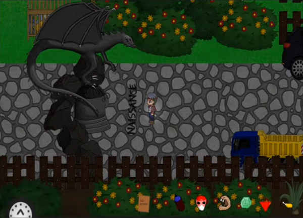 Screenshot de mon ancien jeu, montrant un personnage placeholder devant une statue de dragon