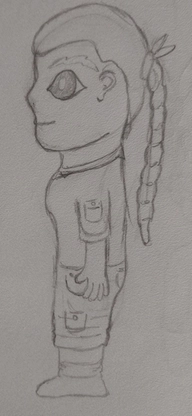 Un croquis mal dessiné d'un personnage féminin, très différent du résultat final