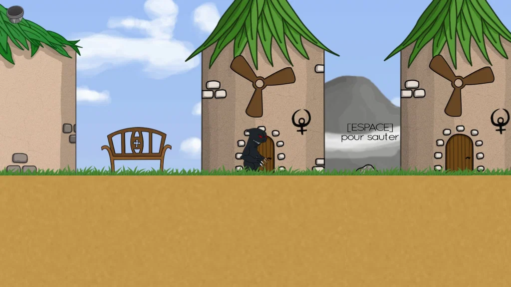 Vieux screenshot, montrant un personnage placeholder (un monstre d'un précédent jeu) dans le village de début du jeu