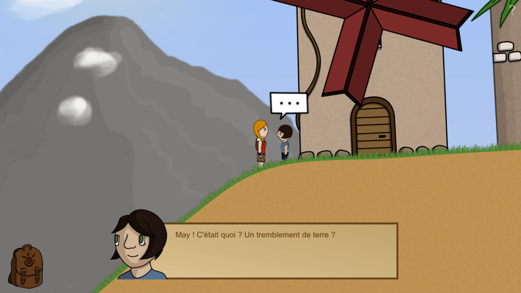 Screenshot du jeu après 1 an, montrant May parlant à une petite fille. La fille dit "May ! C'était quoi ? Un tremblement de terre ?"