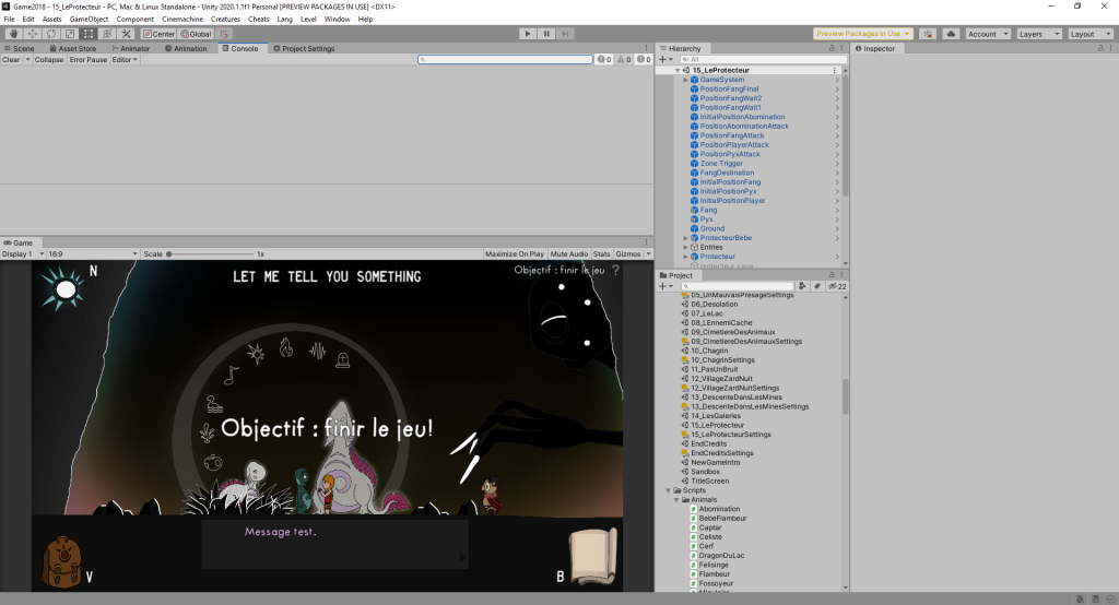 Screenshot de Unity avec mon projet ouvert au dernier niveau, montrant les créatures légendaires. De nombreux objets sont présents dans l'éditeur