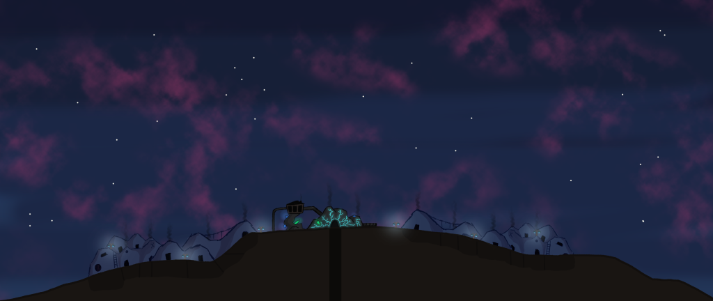 Illustration préparatoire pour le village des Zards de nuit. Le ciel est étoilé et plein de nuages roses. La mine, au centre, brille dans la nuit